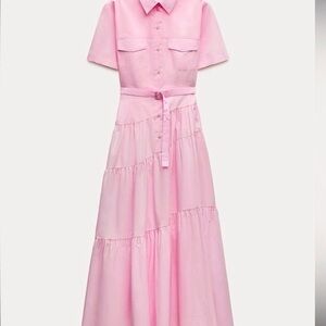 ZARA WOMAN MIDI BELTED ZW COLLECTION POPLIN SHIRT DRESS LIGHT PINK. Sz XXL